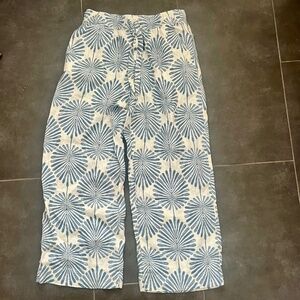 Joie Blue White Tropical Leaf Print Linen Wide Leg Pants Size Large
